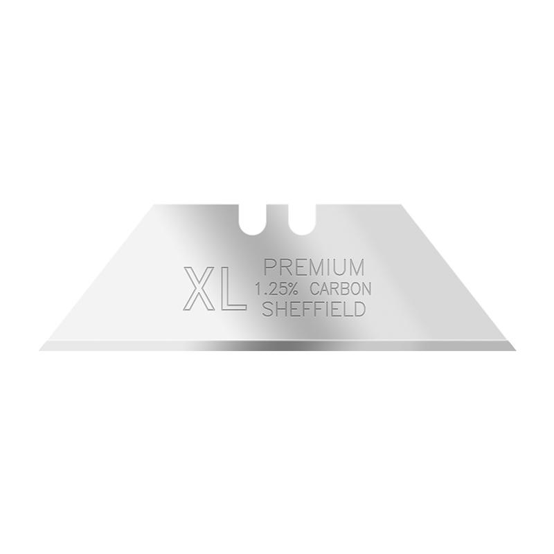 Silver razor blade with XL Premium 1.25% Carbon Sheffield engraving on it