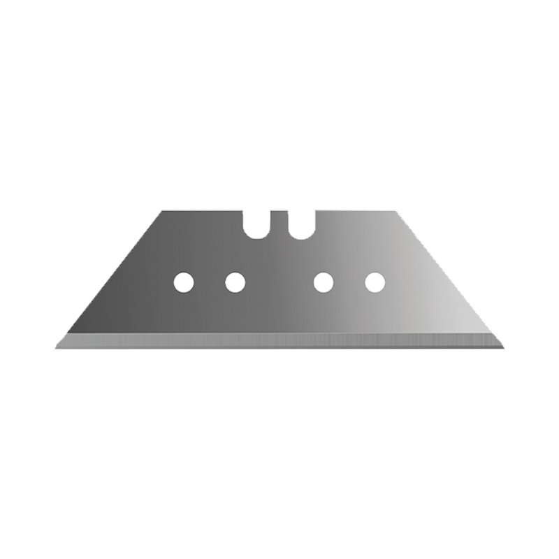Metal razor blade with four circular holes and a small notch at the top center.