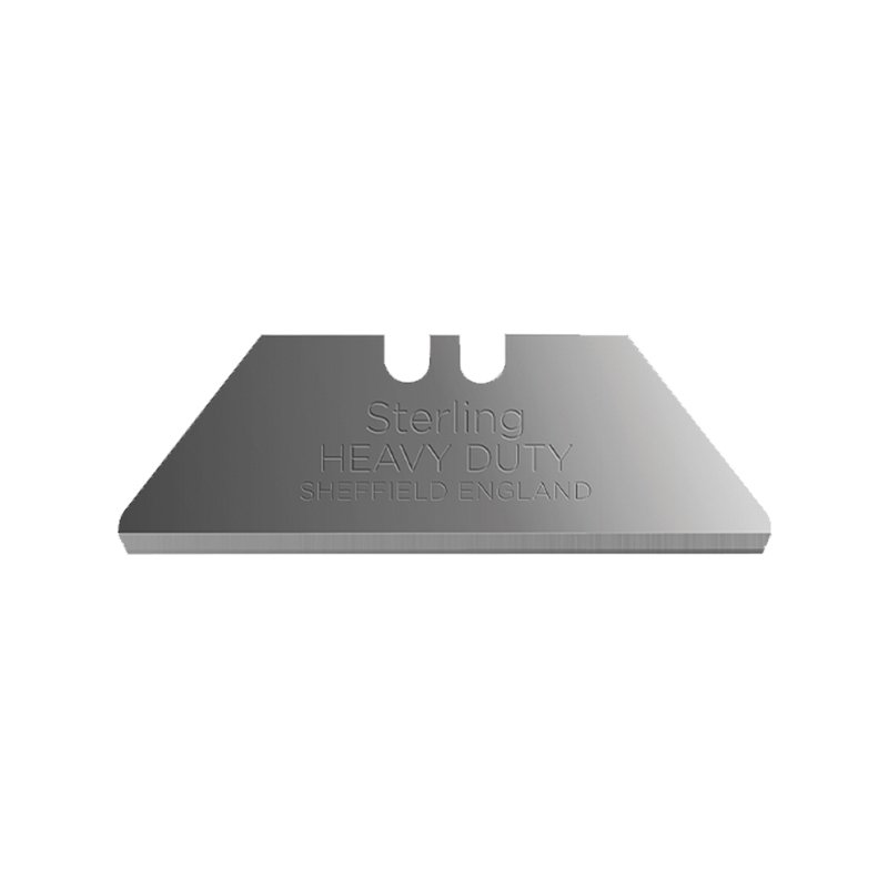 Close-up of a razor blade with the stamp 'Sterling HEAVY DUTY SHEFFIELD ENGLAND' on a white background.