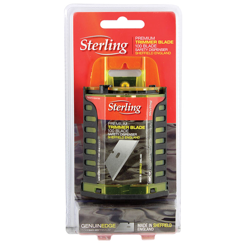 Sterling Premium Trimmer Blade packaging with 100 blades and safety dispenser, shown in plastic clamshell