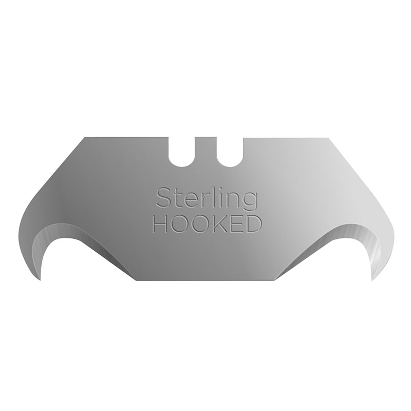 Metal tool with curved hooked ends and 'Sterling HOOKED' engraved in the center.
