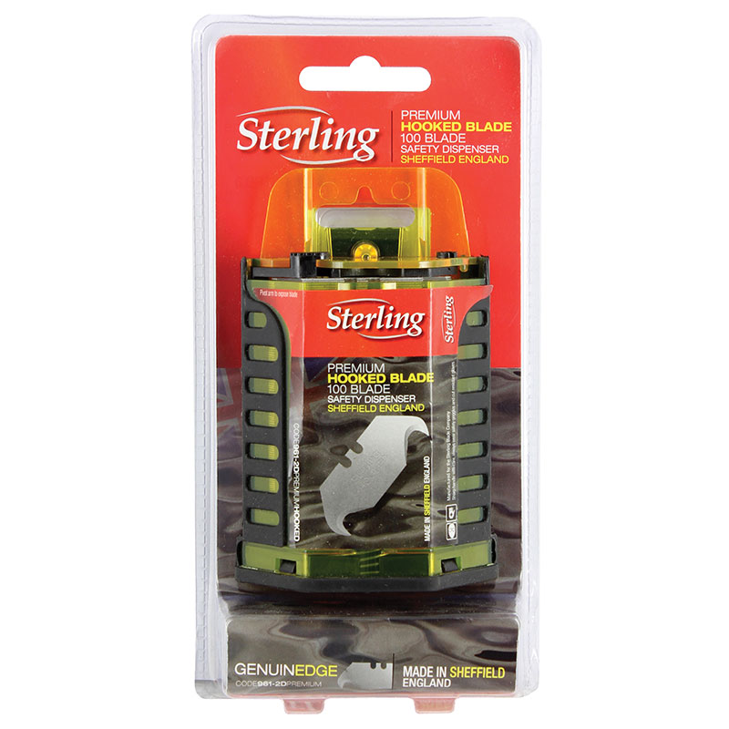 Sterling premium hooked blade safety dispenser in red/black blister pack with 100 blades labeled Sheffield England
