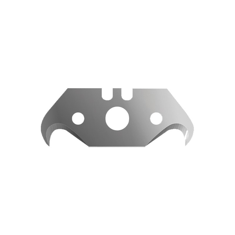 Metal machining part with a central large hole and two smaller holes, featuring curved lower edges and angular top edges.