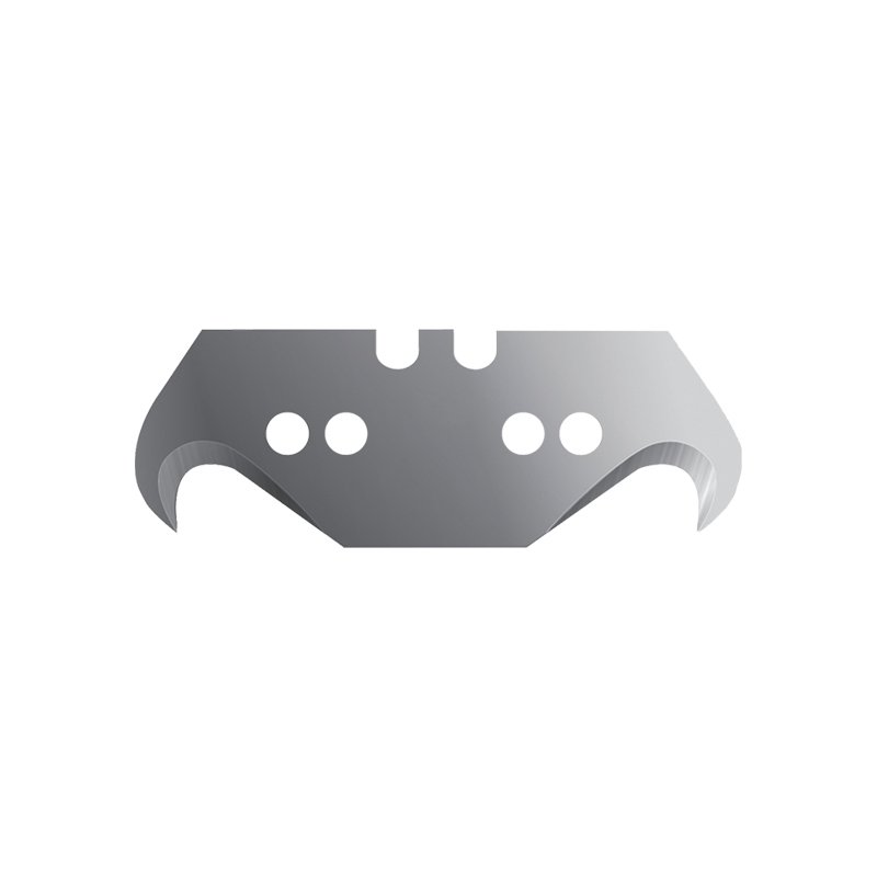 Metal cutting blade/part with curved ends and four circular holes, seen from the front on a white background
