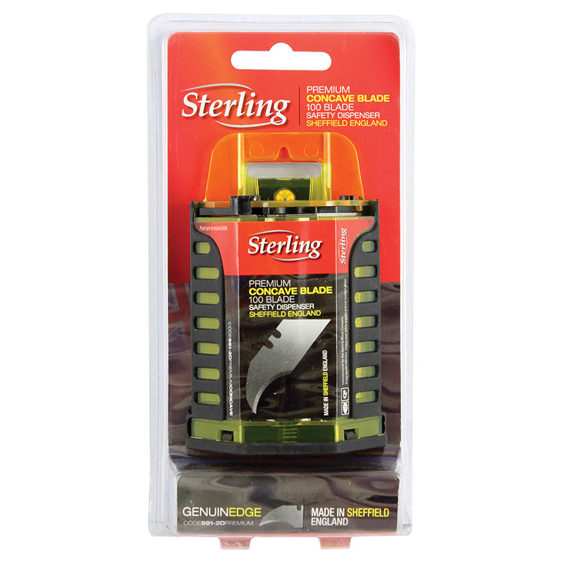 Sterling premium concave blade safety dispenser with 100 blades in red blister packaging on a white background
