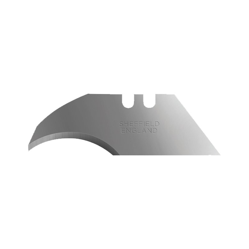 Metal blade with curved lower edge and two upper notches, stamped 'SHEFFIELD ENGLAND'