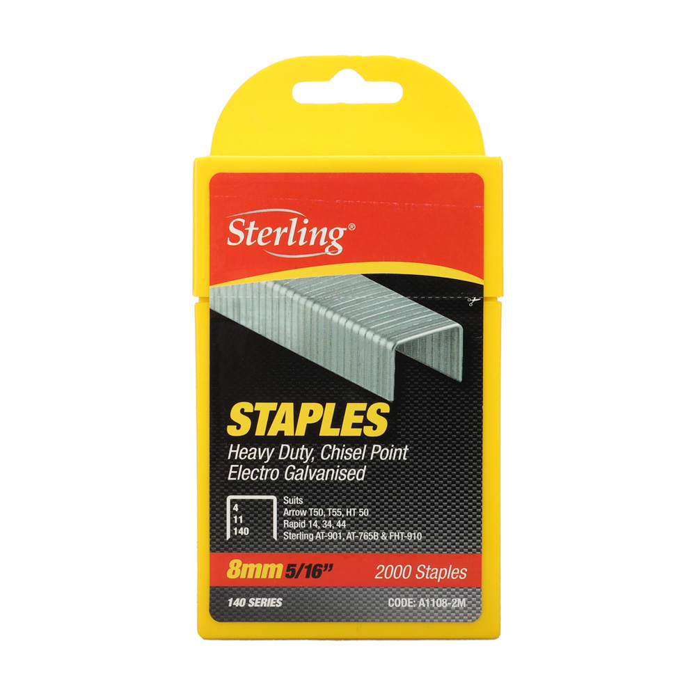 Yellow Sterling staples packaging with a large image of a metal staple and text reading '8mm 5/16" 2000 Staples' on a black background.