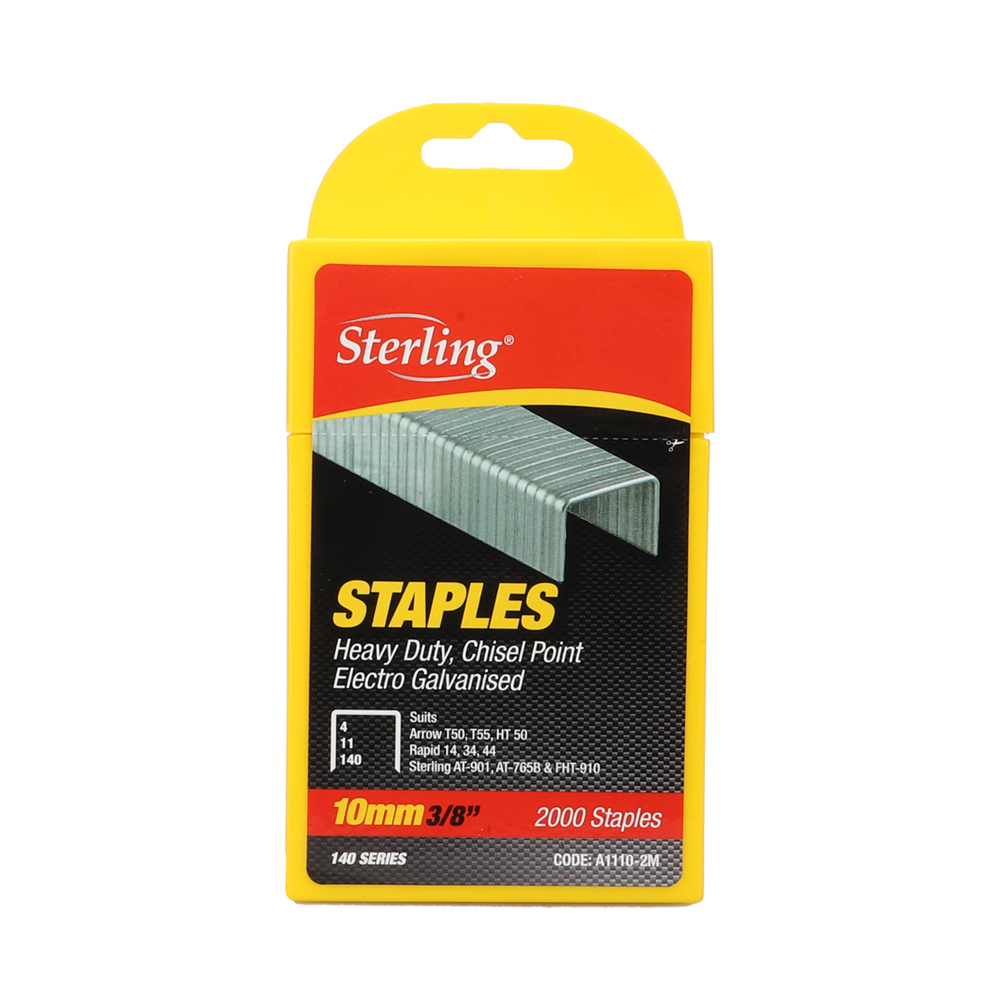 Packaging image of Sterling heavy-duty galvanised staples, 10mm (3/8"), 2000 staples in a yellow box with a red label and a metal staple image on front.