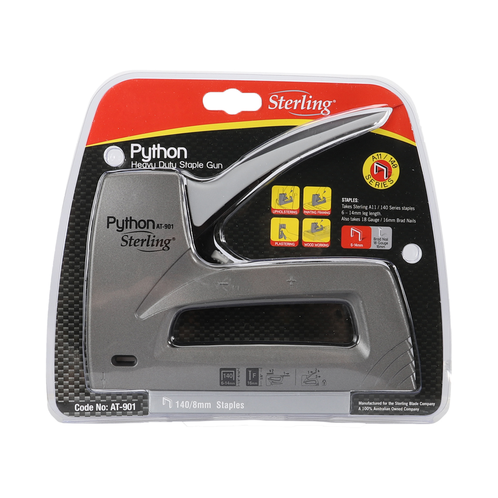 Sterling Python AT-901 heavy-duty staple gun in retail packaging on a red/black card