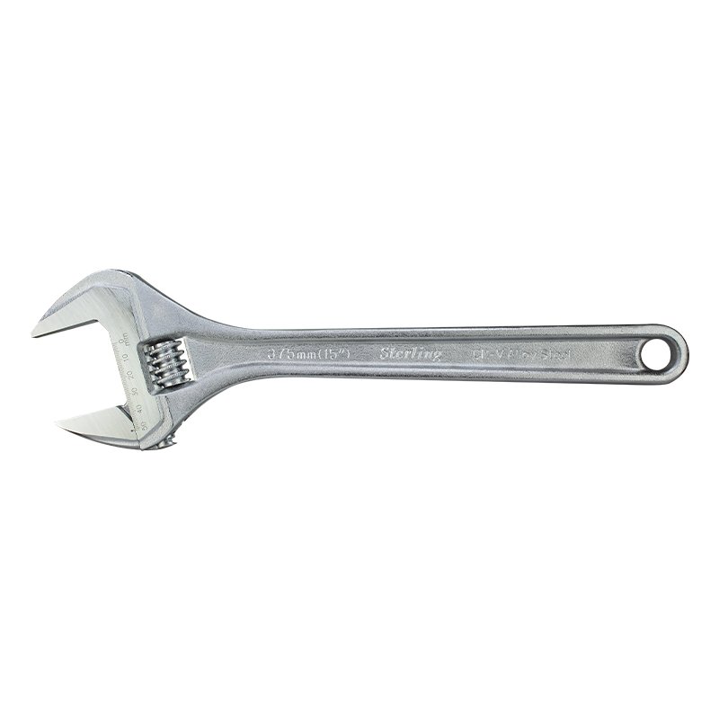 Adjustable wrench (spanner) with a movable jaw for turning nuts and bolts, shown in metallic finish with a knurled adjustment screw on the jaw area