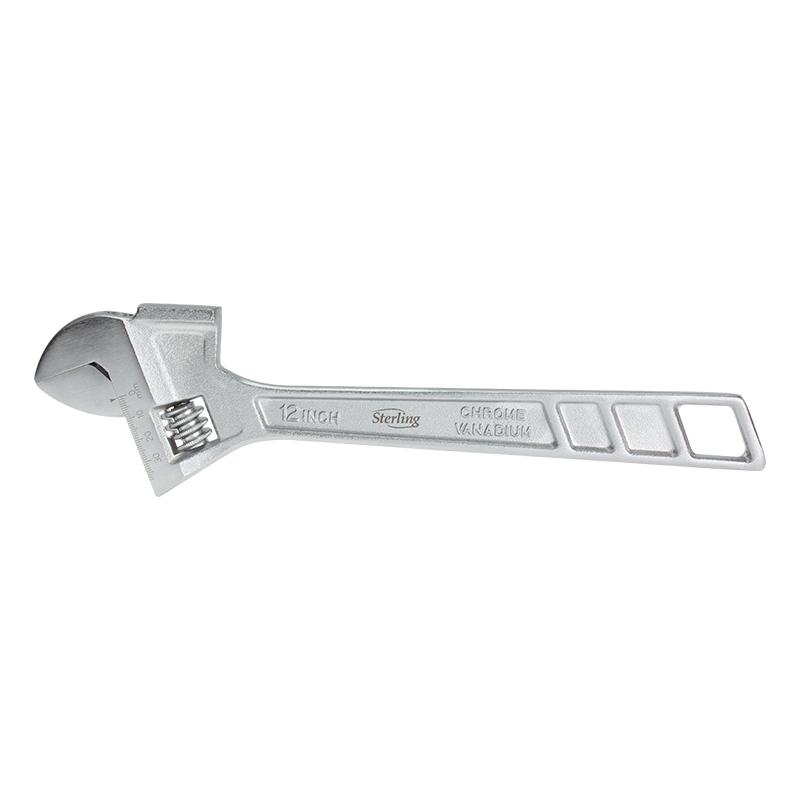 Adjustable crescent wrench in silver, labeled 12 inch, with a knurled adjustment screw at the head.