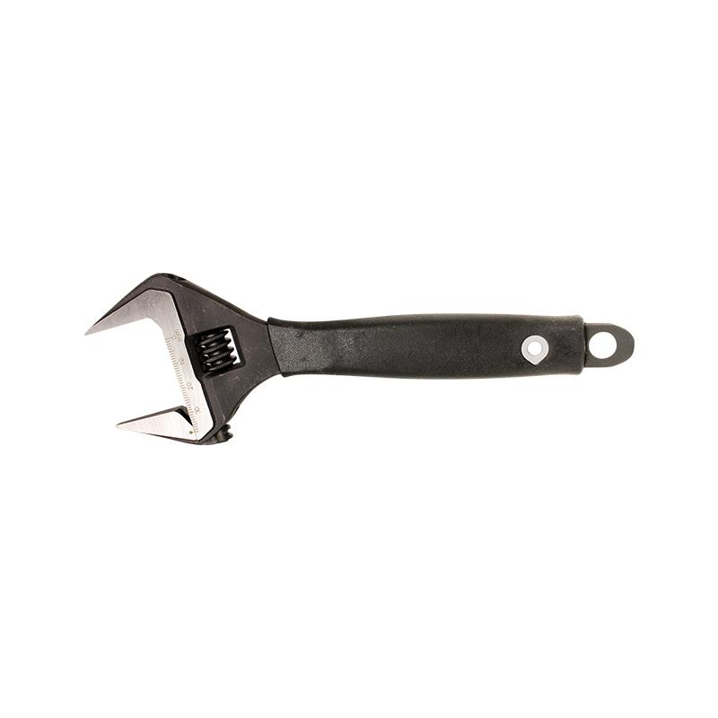 Adjustable wrench with a black handle and moveable jaw for tightening nuts and bolts