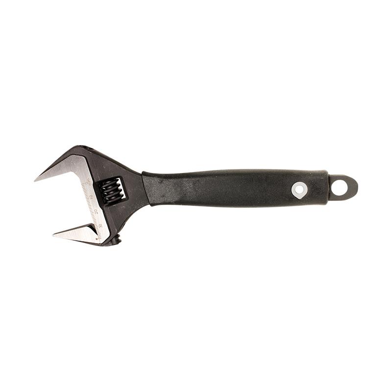Adjustable wrench with a black handle and a movable jaw, aligned for loosening or tightening.