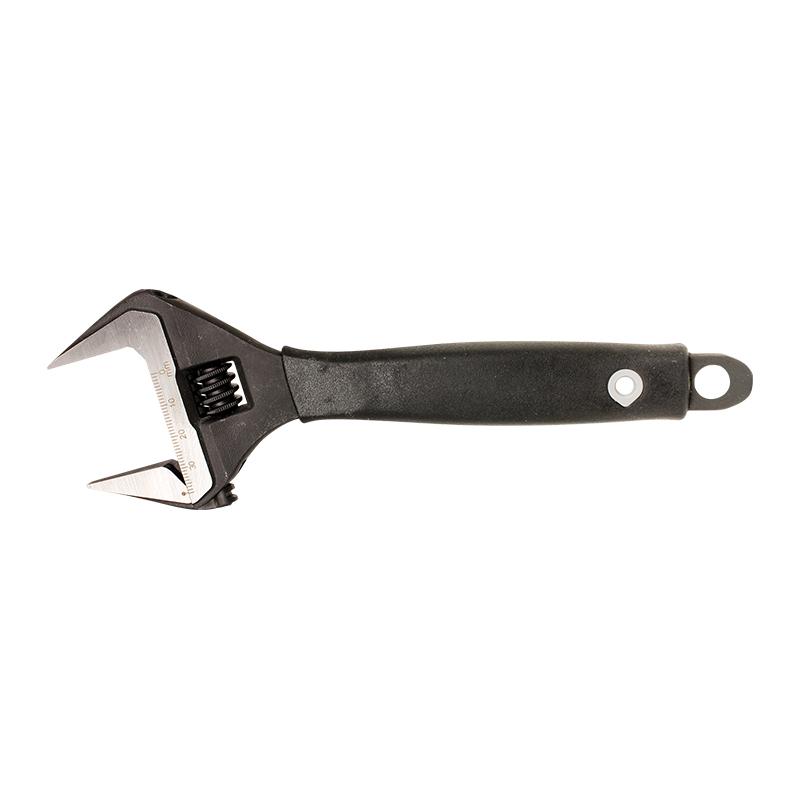 Black adjustable wrench with movable jaws and scale, oriented horizontally