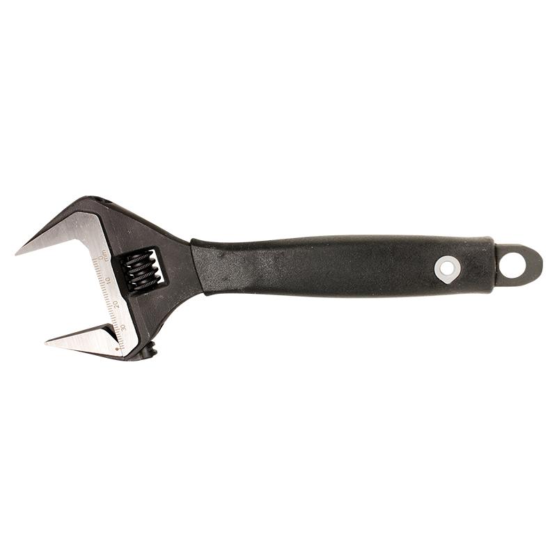 Adjustable wrench with black handle and metal crescent jaws, featuring a measurement scale on the jaw edge to gauge torque.