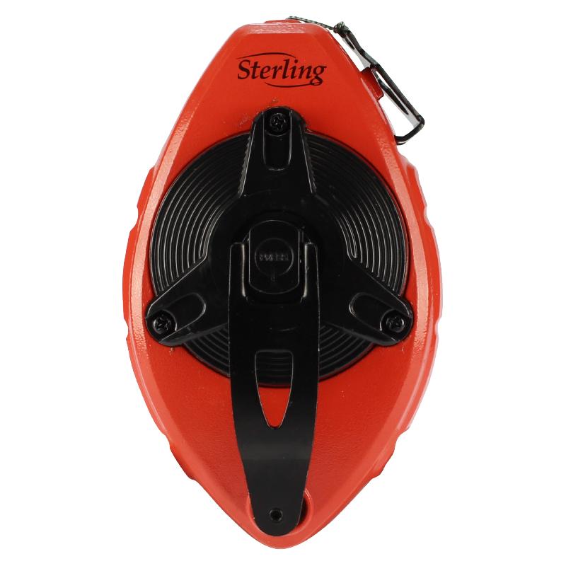 Red fishing reel housing with a black mounting plate and Sterling logo, viewed from the back.