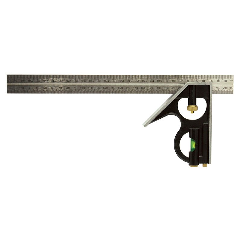 Combination square with a metal ruler and black frame, used for measuring and marking in woodworking.