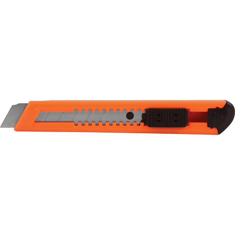 Orange retractable utility knife with a metal blade extended and a black slider for blade retraction/locking.