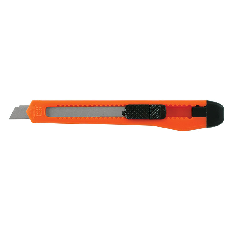 Orange retractable utility knife with a silver blade and black thumb grip, extended for cutting light material.
