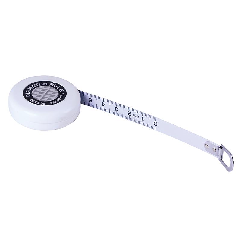 White retractable tape measure extended, showing measurement marks and metal clip at the end.
