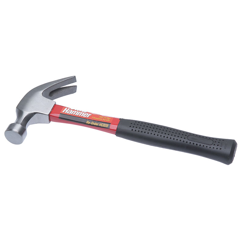 Claw hammer with a red and black textured handle and a metal head used for driving nails in woodworking