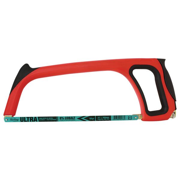 Red and black hacksaw with a blue metal blade labeled ULTRA, shown in side profile for cutting metal or plastic.