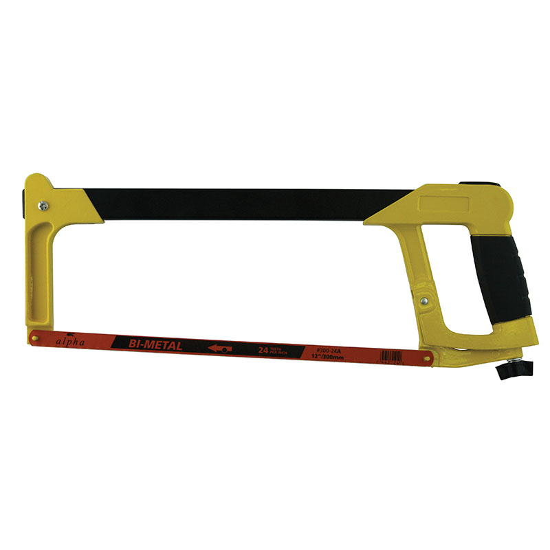 Yellow handheld hacksaw with a black blade for cutting metal, ergonomic handle on the right side.