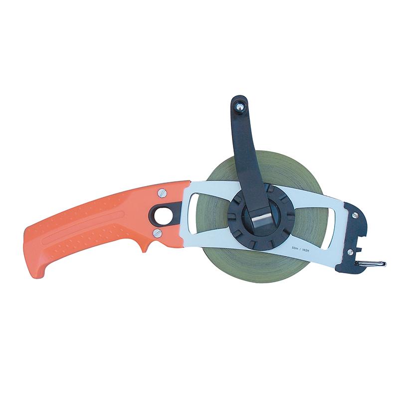 Orange-handled retractable tape measure with a silver frame and green blade.