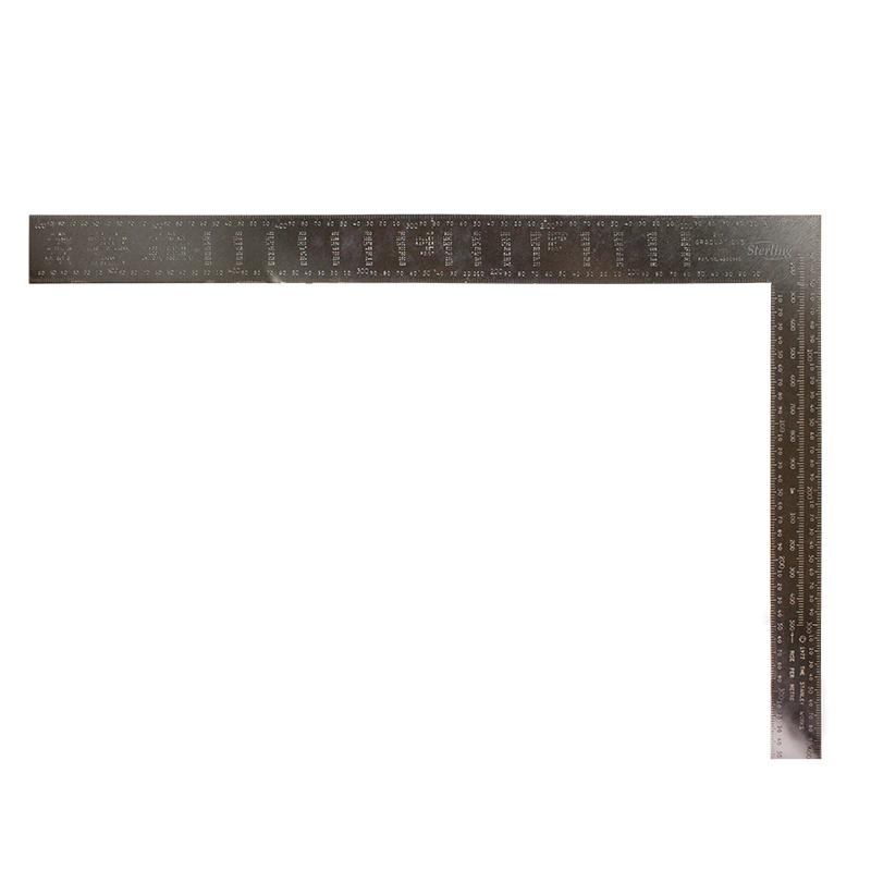 Metal L-shaped ruler (carpenter's square) with measurement marks along the arms, used for right-angle and straight-line measurements.