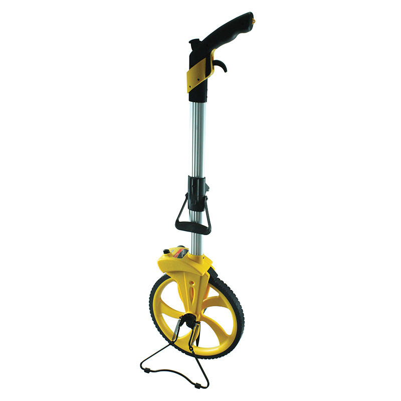 Yellow distance-measuring wheel with telescoping handle and kickstand for measuring lengths