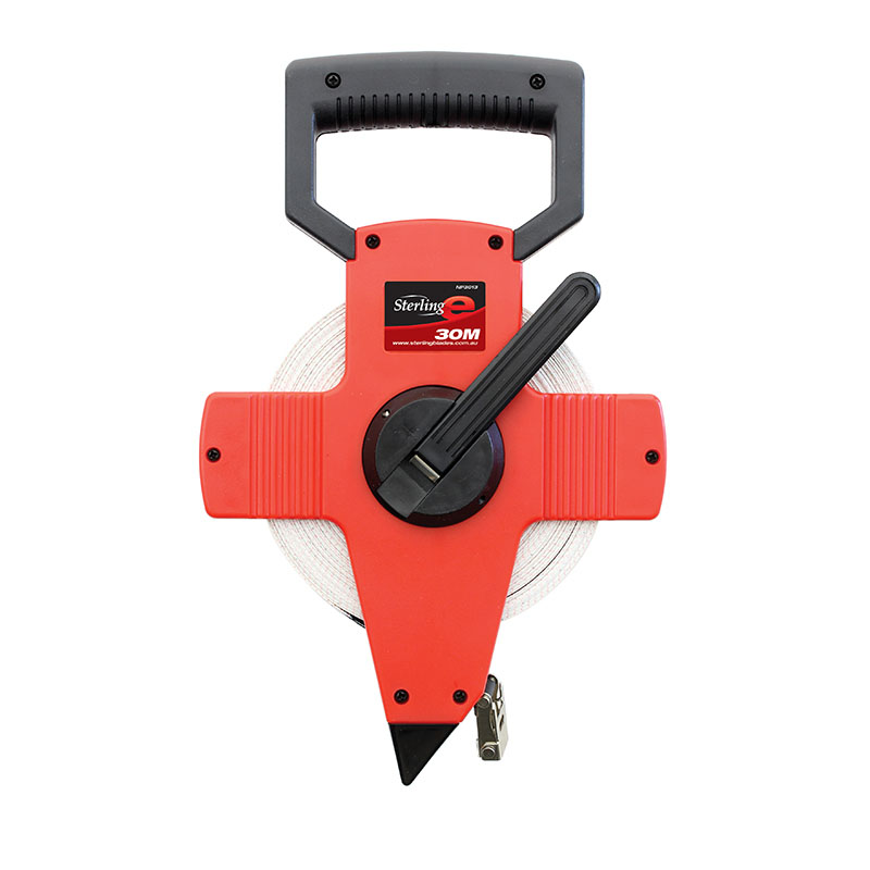 Red retractable tape measure/reel with a black handle, used for measuring long lengths up to 30 m; the circular spool and scale are visible.