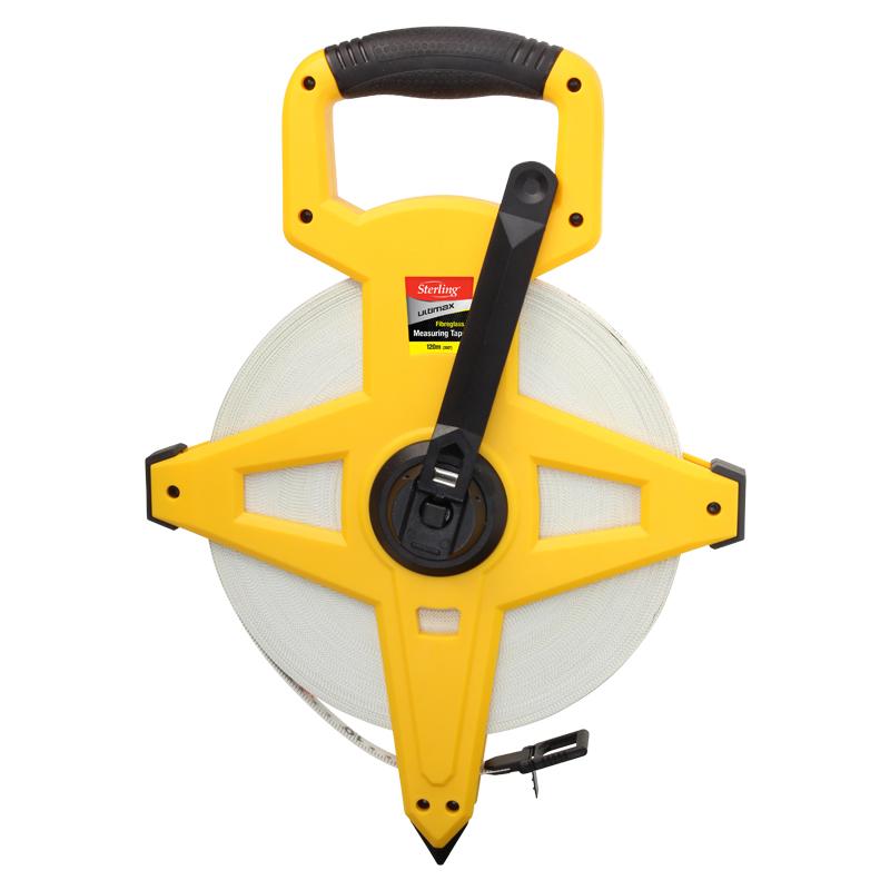 Yellow plastic tape measure reel with a wound metal tape and a black central hub, ready to measure