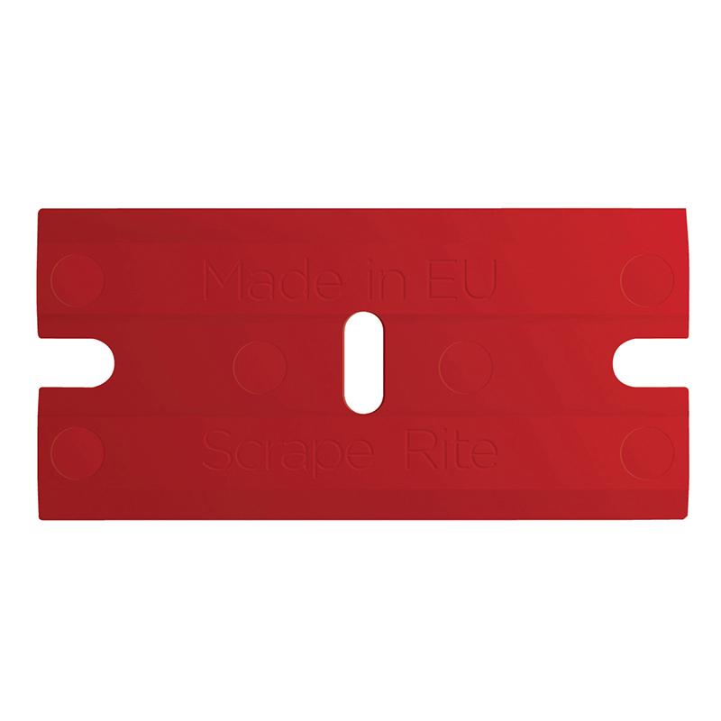 Red rectangular plastic scraper blade with two ends and a central oval cutout; features circular indentations and side notches, labeled Made in EU Scrape Rite.