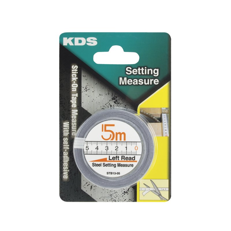 Packaging for KDS setting measure tape, 5m, with a coiled steel tape and 'Left Read' label on the front