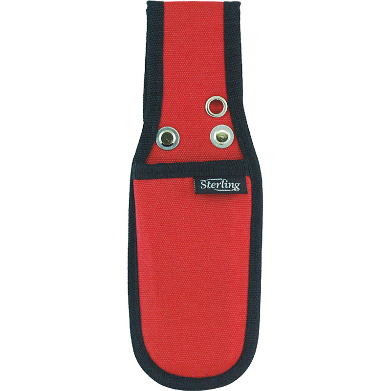 Red fabric tool sheath with black trim and Sterling label, likely for a knife or small tool on a belt.
