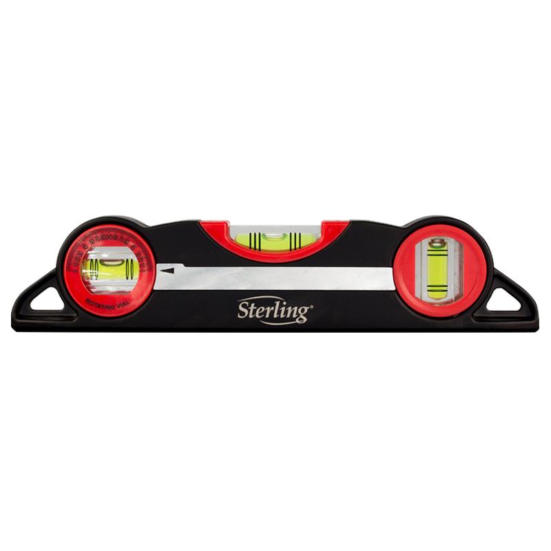 Dual-vial spirit level on a black base, Sterling brand, used to check horizontal level surfaces.