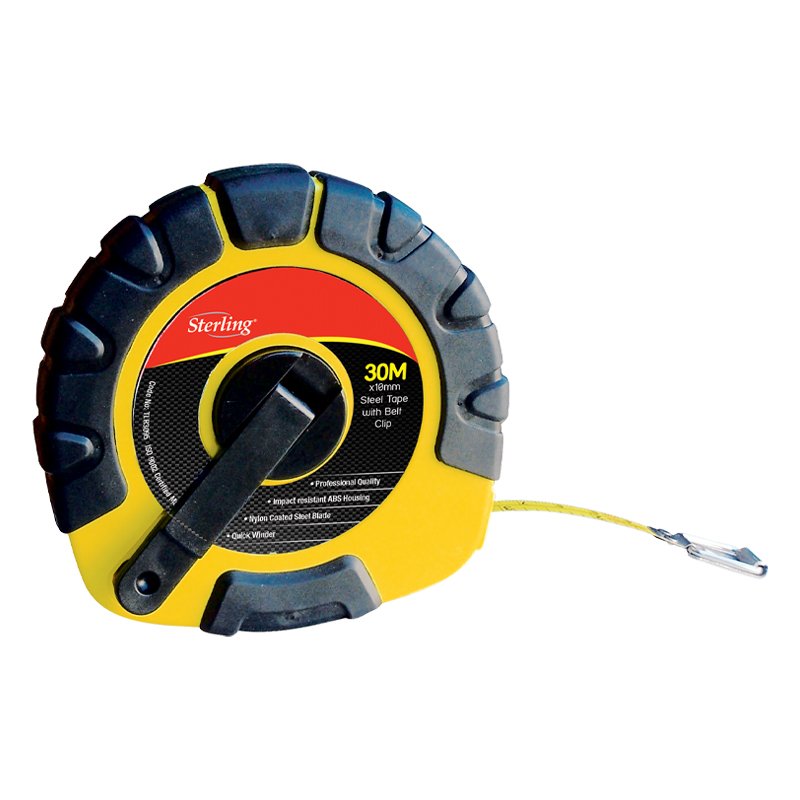 Yellow and black retractable tape measure with a 30 m steel tape and belt clip design, shown from the side.