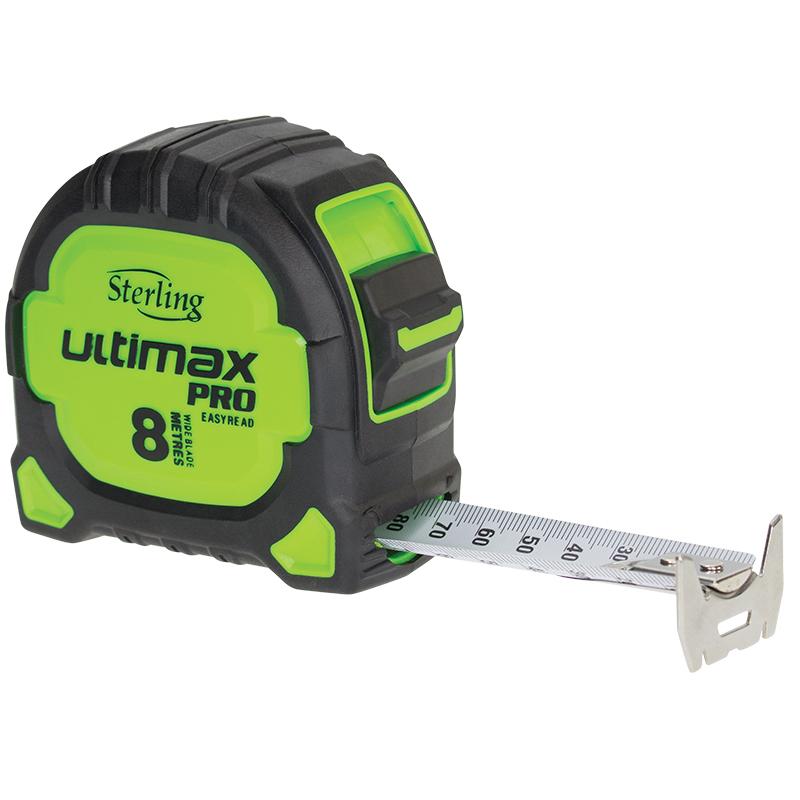 Neon green and black Sterling Ultimix Pro tape measure with metal retractable tape extended from the housing.