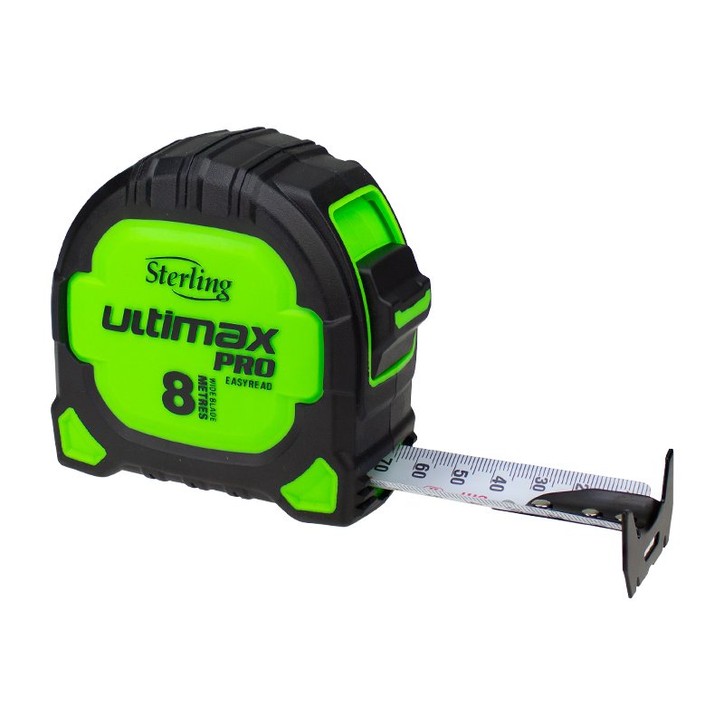 Green-and-black retractable tape measure (Ultimax Pro 8) extended to show measuring tape and hook, Sterling branding visible