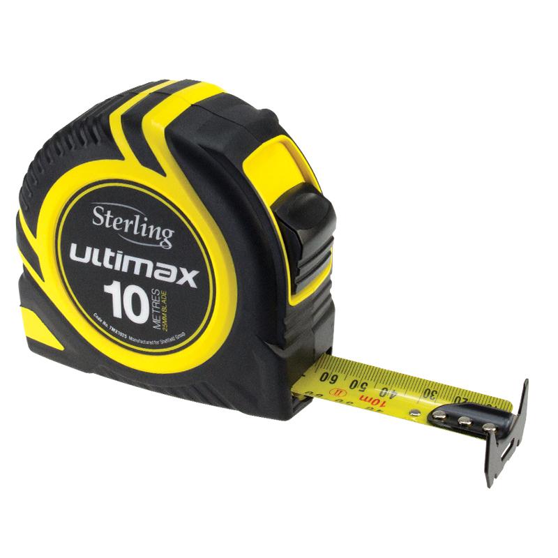 Retractable tape measure with a yellow and black case, extended tape and metal end hook.