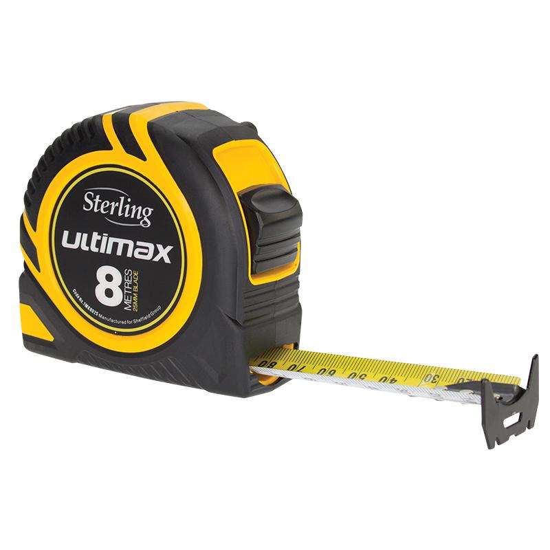 Yellow and black Sterling Ultimax retractable tape measure with the tape extended partially out of the case.