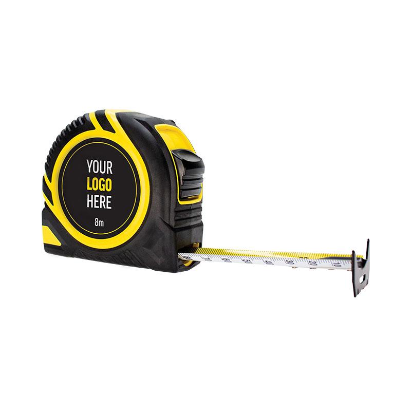 Yellow and black retractable tape measure with a logo placeholder on the case and tape extended outward.