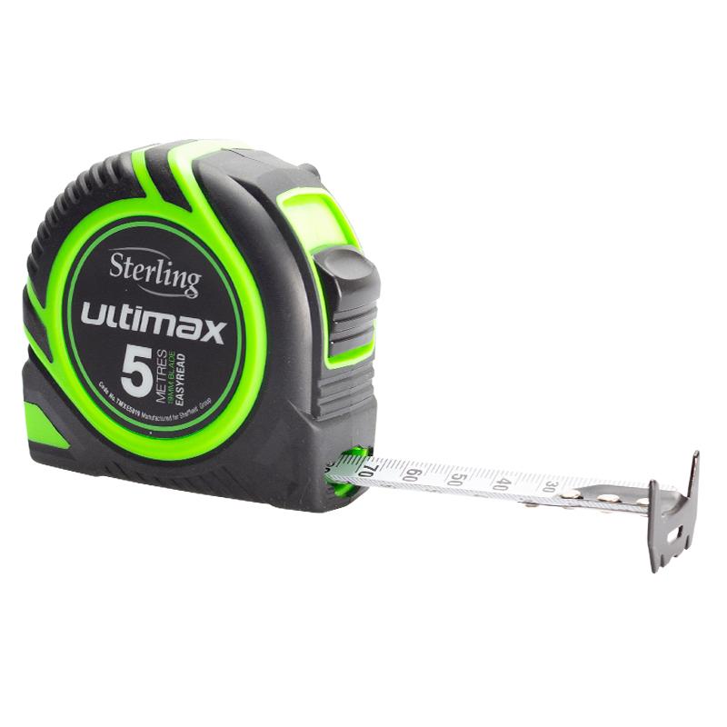 Compact tape measure with neon green and black housing; tape extended with metal hook, marked in centimeters and millimeters (Sterling Ultimax 5m).
