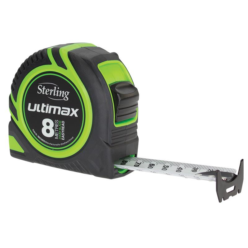 Green and black retractable tape measure extended to about 20 cm, showing metric ruler and metal hook edge
