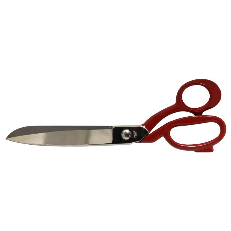 Red-handled scissors with long metal blades laid on a white background