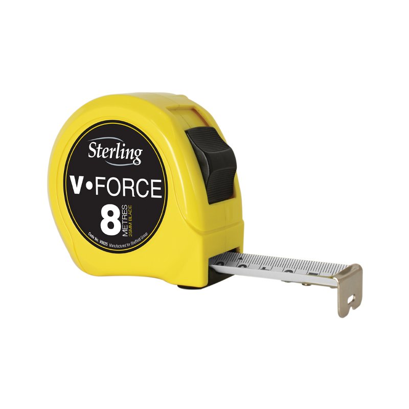 Yellow Sterling V-FORCE 8m tape measure with metal extended ruler pulled out