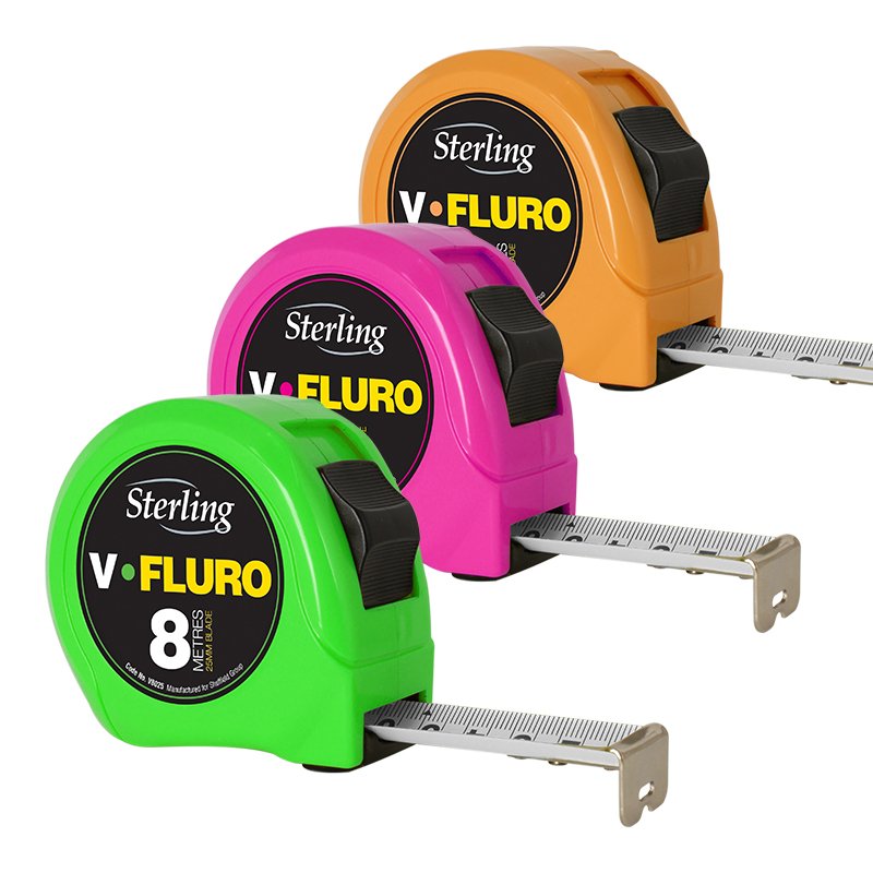 Three Sterling V‑Fluro tape measures in green, pink, and orange with metal tape extending from the ends (8 m). - informative product image