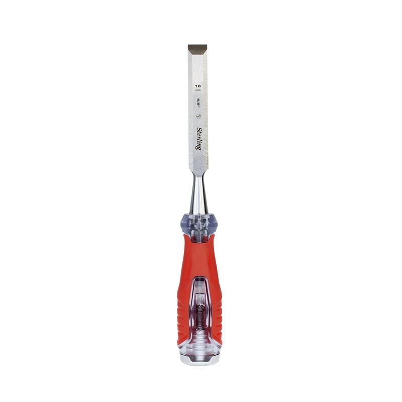 Flat-head screwdriver with a red ergonomic handle and a long metal blade extending upward.