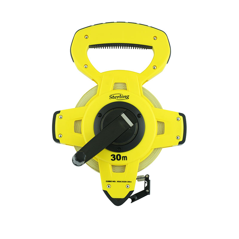 Yellow retractable measuring tape reel (30 m) with black crank handle and clip on the bottom; used for length measurement in construction plunge depth.