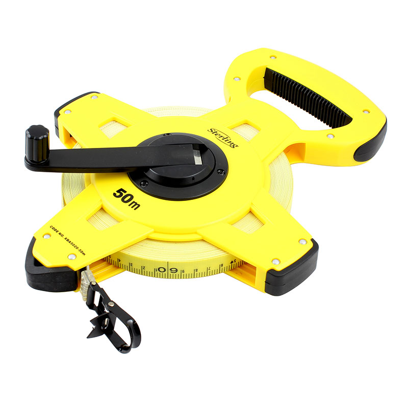 Yellow retractable measuring tape with a cross-shaped frame and black lock lever, showing a 50 m tape and grip handles.